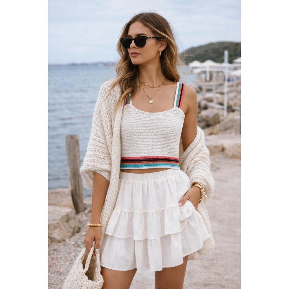 Francesca’s Blue‎ Rain Crochet Tank Small 100% Cotton Rainbow Square Neck Boho